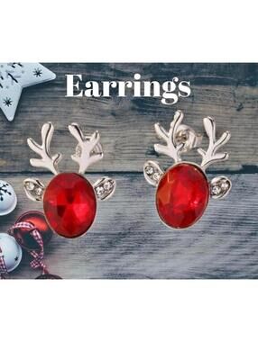 Adorable Christmas Reindeer Red Rhinestone Stud Earrings
